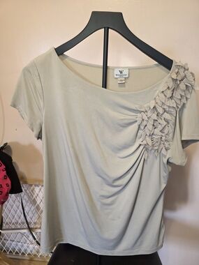 Worthington Light Cream Short-Sleeve Draped Top with Leaf Applique